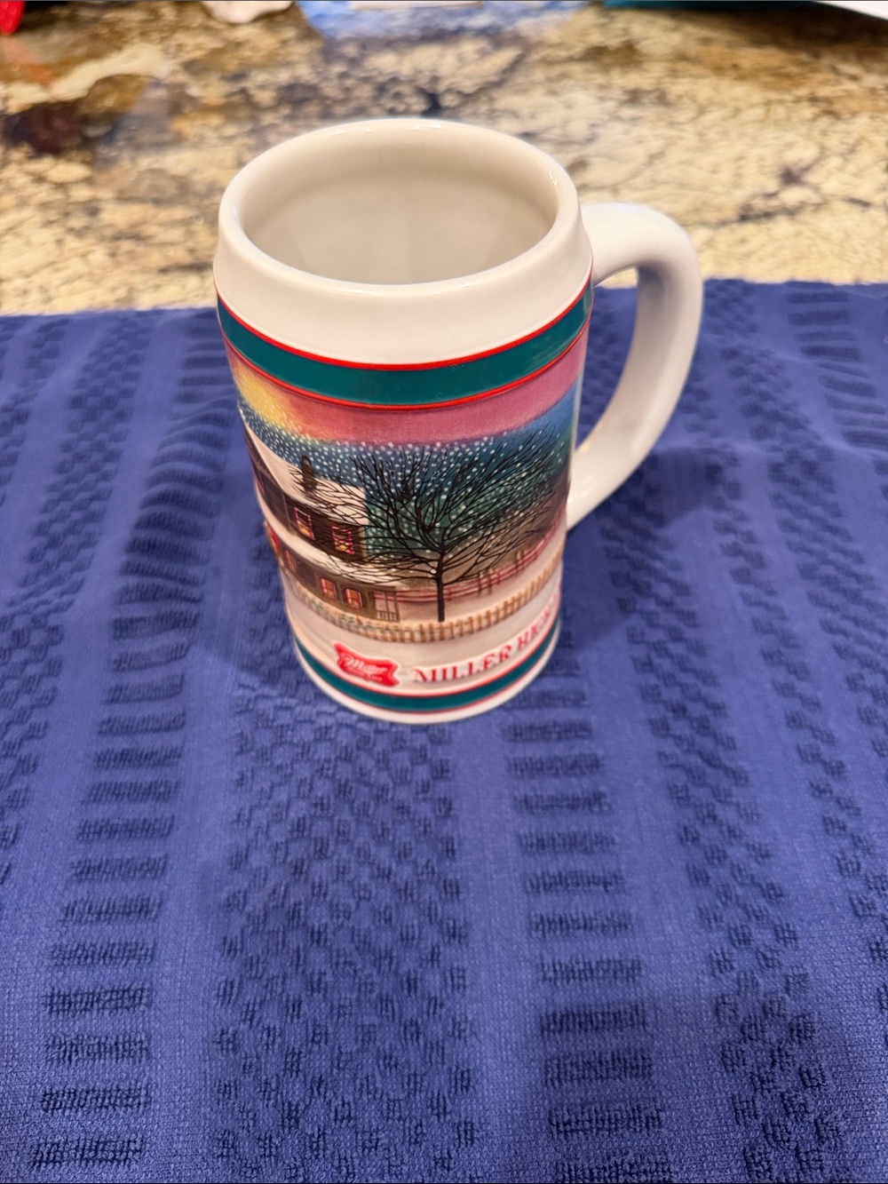 Holiday Ceramic Beer Stein - White with Red & Teal Accents Miller high life